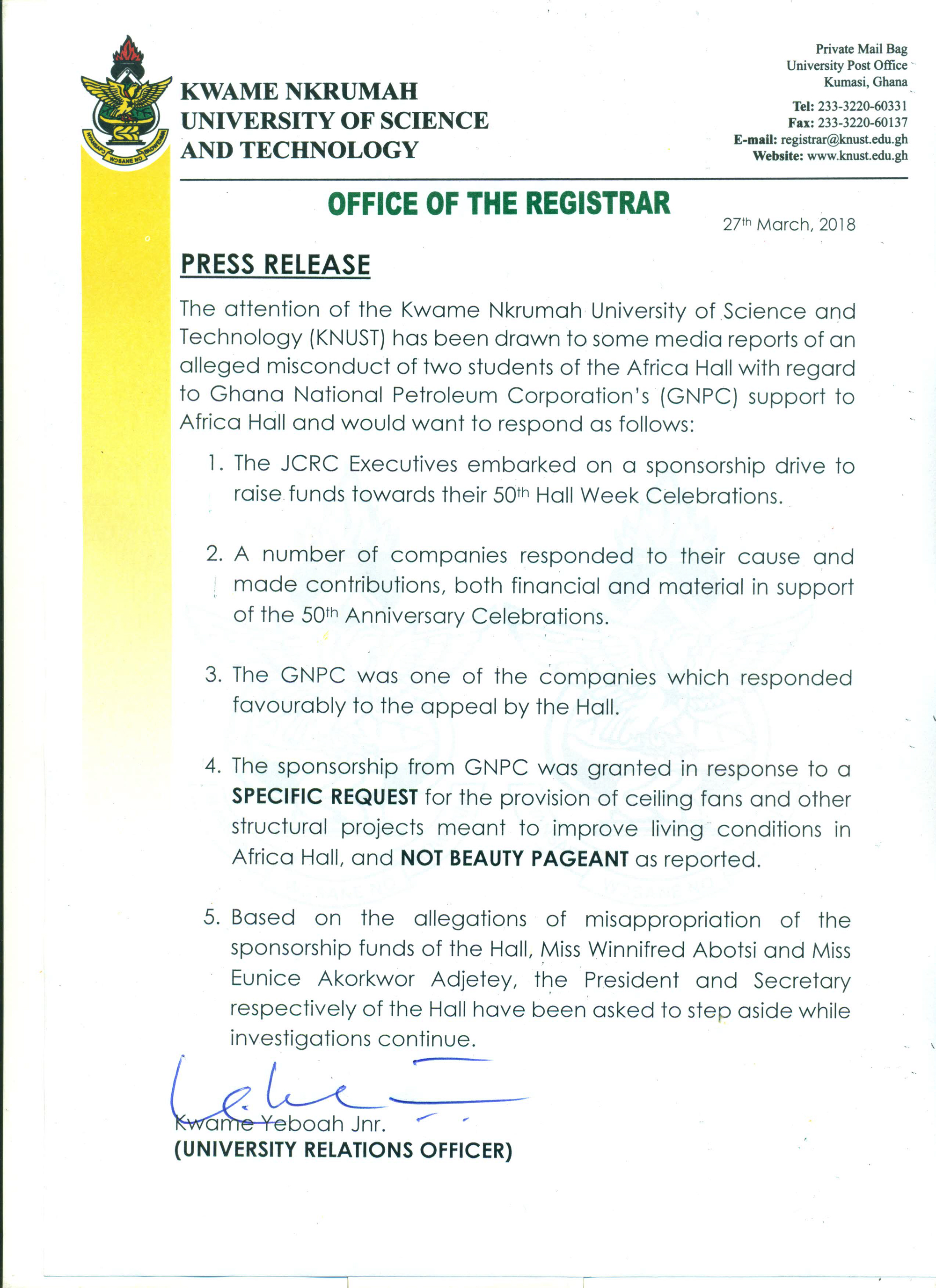 Press Release on the Allegations of Misappropriation of GNPC Sponsorship Funds